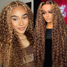 5X5 HD Lace Closure Wigs Human Hair Deep Wave Lace Front Wigs Human Hair Ombre Honey Blond Glueless Wigs Human Hair Pre Cut Wear and Go Glueless Lace Closure Wig for Women P4/27 Color 18 Inch