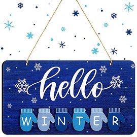 Hello Winter Spring Summer Sign Rustic Wood Decor Farmhouse Wall Hanging Plaque Filleted Corner Wooden Sign for Home Bathroom Indoor Outdoor, 10 x 5.9 Inch (Blue and White,Glove Style)