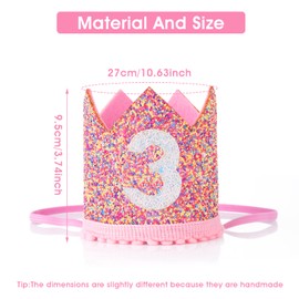 Aster Baby Girls 3rd Birthday Hat Princess Girls 3 Years Birthday Crown, Adjustable 3rd Birthday Hat Baby Crown for Kids Baby Girls Third Birthday Party Pink