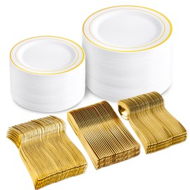 DaYammi 100 Guests Gold Plastic Dinnerware Sets, Includes: 100 Gold Rim Dinner Plates, 100 Salad Plates, 100 Gold Plastic Silverware Set, Perfect for Wedding