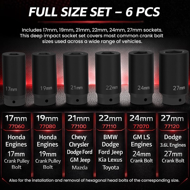 1/2" Drive Crank Bolt Socket Set, 17MM, 19MM, 21MM, 22MM,