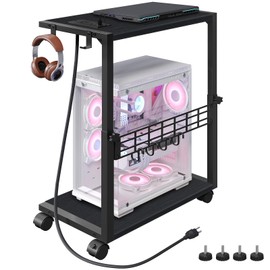 ZIIWIND PC Stand, Height Adjustable Computer Tower Stand, 19.7"-31.5" H, Computer Cart with Charging Station, Wheels and Hooks, CPU Holder for Floor, Carpet and Under Desk, Easy Assembly, Black