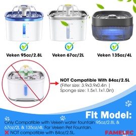 FAMELEC 34Pcs Cat Water Fountain For Veken Pet Fountain Replacement Filters 95oz/2.8L, 67oz/2L, 135oz/4L, For Veken Replacement Filters With Kit (16 Filters& 16 Sponges)