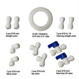 YZMSZ 10pcs 5/16 inch water line Quick Connect Push In to Connect Fitting +32ft tubing for RO Water Filter System. (Ball Valve + Tee + Elbow + Straight + Reducing+ PE tubing)