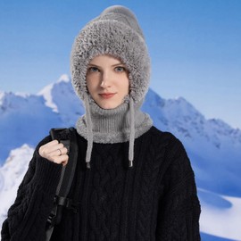WELROG Plush Bicycle Hood with Balaclava, Windproof Hat, Scarf for Men and Women, Face Protection for Extremely Cold Weather, gray