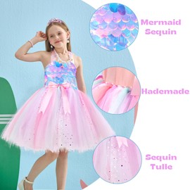 Tutu Dreams LED Mermaid Princess Dress for Girls Halloween Costume Light Up Birthday Party with Headband, Pink, 7-8Y
