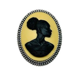 Cream and Black African Lady Cameo Brooch Silvertone Frame
