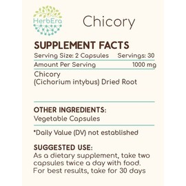 HerbEra Chicory 60 Capsules, 500 mg, Chicory (Cichorium Intybus) Dried Root (60 Capsules)