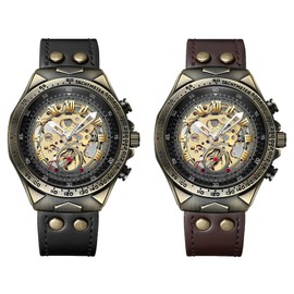 JewelryWe Men's Automatic Mechanical Watch 30 m Waterproof Analogue Automatic Watch Automatic Watch Men's Black Genuine Leather Strap Skeleton Watch, Roman numerals - 2 pieces, Strap.