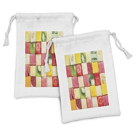 Ambesonne Fruit Fabric Pouch Set of 2, Food Concept Photo with Square Sliced Banana Kiwi Strawberry Grapefruit Watermelon, Small Drawstring Bag for Toiletries Masks and Favors, 9" x 6", Multicolor