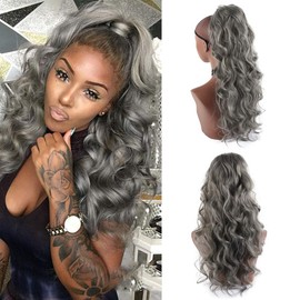 CINHOO 24 Inch Long Body Wavy Drawstring Ponytail Extension for Black Women Clip in Gray Hair Extension Synthetic Curly Wavy Pony Tail Hairpiece for Women Salt and Pepper Hair Extensions (Gray)