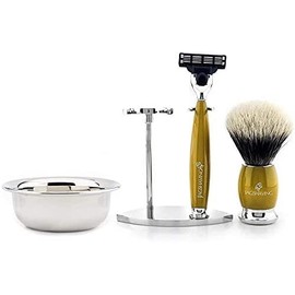 Silvertip Badger Hair Shaving Brush 3 Edge Razor with Stainless Steel Holder and Gold Bowl by Jag Shaving