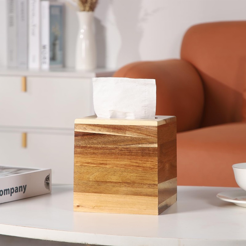 CATORY Tissue Box Cover, Acacia Wood Tissue Box Cover Square,