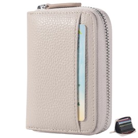 RSXING Credit Card Holder Women's Genuine Leather RFID Protection Blocker Card Case Small Card Holder Purse Women Mini Card Wallet with Zip, White, Modern