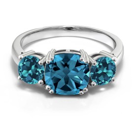 Gem Stone King 925 Sterling Silver London Blue Topaz 3 Stone Engagement Ring For Women (3.74 Cttw, Gemstone November Birthstone, Cushion 8MM, Size 8)