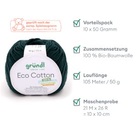 Gründl Eco Cotton Wool (Yarn Made from 100% Organic Cotton, Oeko-Tex® Certified, Easy Care & Washable, 50 g/105 m, Needle Size: 3.50-4.50 mm, 10 x 50 g), Dark Green