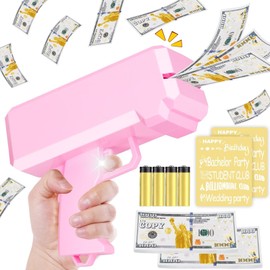 Pink Money Gun Shooter and 201 PCS Props (No Real Function) and 5 Style Stickers and 4 AA Batteries, Money Gun That Shoot Money, Make It Rain Money Thrower Gun Handheld Fake Gun Toy Party Supplies