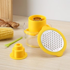 HOULIME Corn Stripper and Grater, 3 in 1 Corn Peeler from Corn on the Cob, with Measuring Container, Safety Handle & Cleaning Brush，Yellow