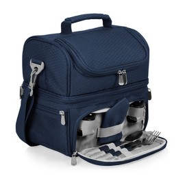 PICNIC TIME Pranzo Lunch Bag, Expandable Insulated Lunch Box with Picnic Set, Stylish Soft Cooler Bag, Portable Cooler Lunchbox with Dual Compartment Design and Leatherette Handles, (Navy Blue)