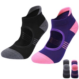 KEYRI 2 Pairs Pilates Socks Yoga Socks with Grips for Women and Girls Breathable Cotton Full Toe for Pilates, Ballet, Fitness, Dance, Workout, Barre (Black + Pink, One Size)