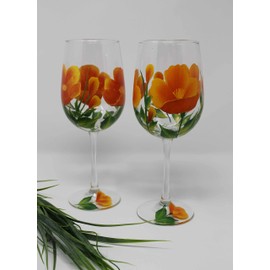 Hand Painted Wine Glasses - California Orange Poppy (Set of 2)