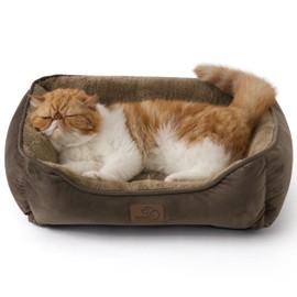 BEDSURE Washable Cat Bed 51 x 41 cm Cat Basket Indoor with Non-Slip Base, Square Dog Bed for Small Dogs with Soft Edge, Brown
