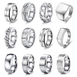 EIELO 12Pcs Rings for Men Stainless Steel Band Rings Square Signet Rings Pinky Thumb Ring Silver Chunky Thick Dome Band Cuban Link Chain Ring Simple Cool Finger Ring Wedding Band Ring for Men Size 12