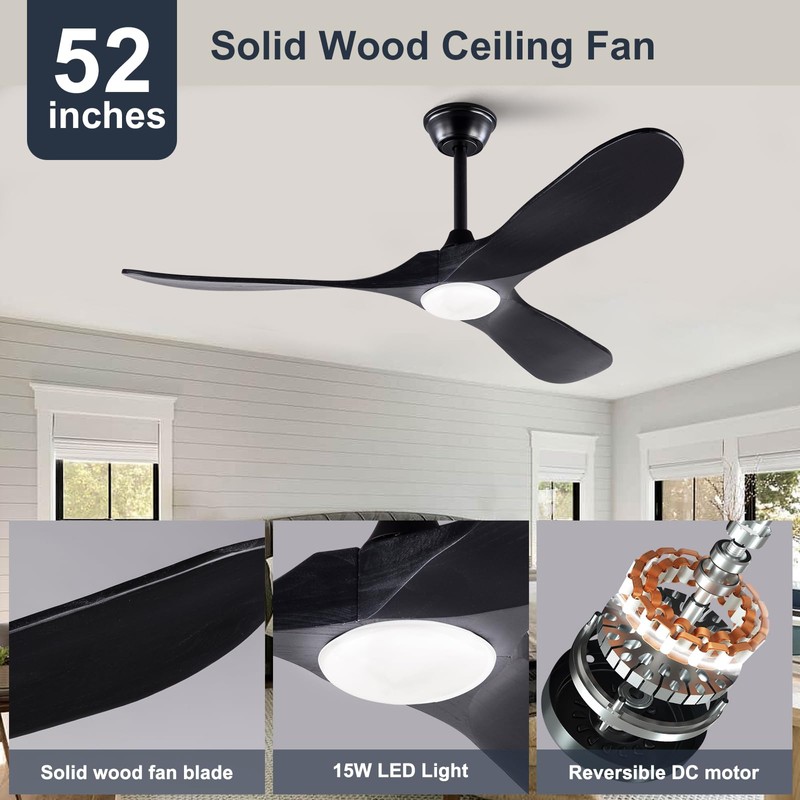 OMYU Black 52 Inch Wood Ceiling Fan with Lights Remote