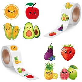 Zaamwoyy 500 Pcs Cartoon Fruit Sticker Rolls, Cute Vegetable Face Designs Self-Adhesive Decals, Stickers Roll for Kids Party Favor, Teacher Reward School Classroom Party Supplies Gifts