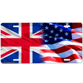 British Flag American Flag Front Novelty Car Tag Sign for Cars and Trucks with Custom Background Options