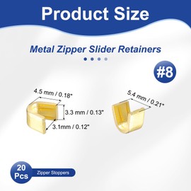 YELARXI Zipper Repair Kit, Zipper Slider Retainers #8 U Shape Top Stoppers Open-End Bottom Top Stops Fit for Bags Coats Jackets Metal Zip Repair Sewing Replacement DIY (20 Pack, Gold)