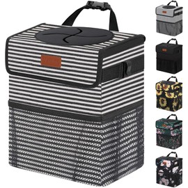 Vankor 3 Gallons Car Trash Can with Lid, Car Trash Bag Bin Hanging Waterproof Automotive Garbage Cans Leak Proof Vehicle Trash Can Stripe
