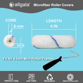 Allgala Mini Paint Roller 144 Bulk Pack 4 Inch Mini 3/8" Nap Shedless Microfiber Paint Roller Cover
