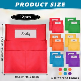 Runpig 12 Pcs Classroom Chair Pockets, 15.9 x14.8 inch Chair Pockets for Classroom, 6 Bright Color Seat Sacks for Classroom Chairs, Buddy Pocket, Chart Seat Back Organizer with Name Tag