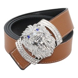 QHA Mens Womens Lion Diamond Designer Leather Belt Silver Tan 36"-40"