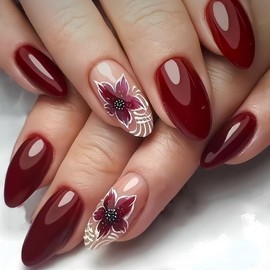 Vopintpy Fall Leaf Press on Nails Medium Almond Thanksgiving Fake Nails Wine Red Autumn Maple Leaf Acrylic Nail Glossy Glue on Nail for Women DIY Manicure