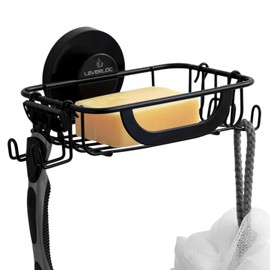 LEVERLOC Soap Holder Dish for Shower Wall, Bar Suction Cup Soap Saver Tray with Hooks, Rust Proof Draining Stainless Steel for Bathroom Bathtub Kitchen Sink & Bath Organizers, Black