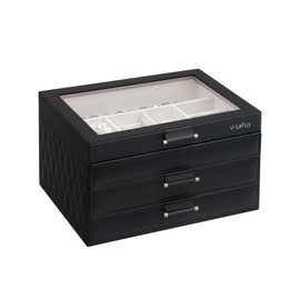 V-LAFUY Jewelry Boxes with Glass Lid, Jewelry Boxes for Women 3-Tier Jewelry Organizer with 2 Drawers, Jewelry Display Case Gift for Women Girls Men - Black