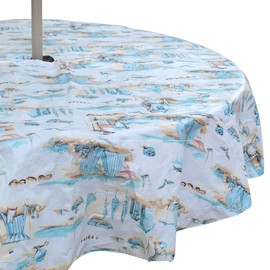 Elrene Summer Flannel Back Vinyl Tablecloths: Patio Table Umbrella Hole and Zipper Table Cover, 52" x 70" inch Rectangle (Seaside)