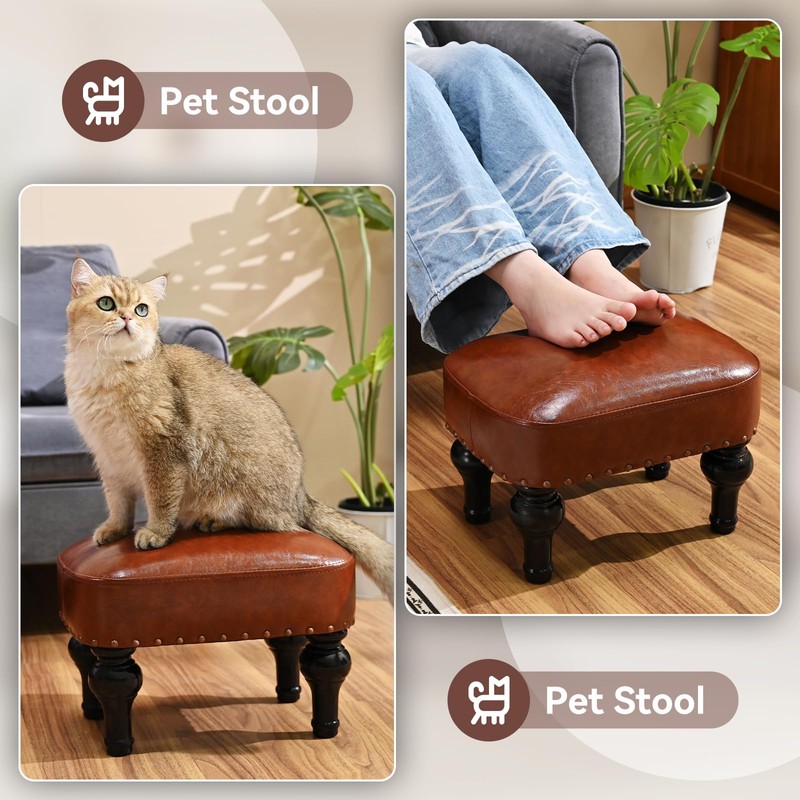 DSGAMER Leather Ottoman Footrest,Rustic Foot Stools Seat,Wood Footstool Rectangle Footrest