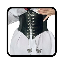 Asooll Women Leather Wide Elastic Corset Belts Vintage Lace up Waist Belt Butterfly Corset Waist Bands Party Club Prom Costume Clothing Dress Belts (Black)