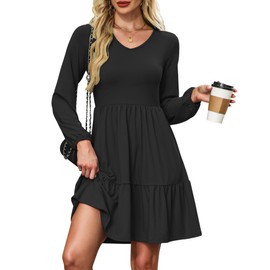 AUSELILY Womens Long Sleeve Dress 2025 Fall Casual V Neck Tiered Swing Flowy A-line Mini Short Dresses with Pockets Black M