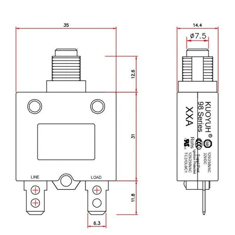Genuine Thermal Circuit Breaker 4A 125/250VAC 32VDC 98 Series Push-Button-to-Reset