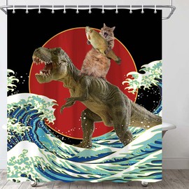 Funny Cat Shower Curtain Set, Kanagawa Japan Hokusai Red Full Moon Gothic Dinosaur Bath Curtains, Fun Cat Fish Riding Dinosaur Black Background Bathroom Decor with Hooks 69x70