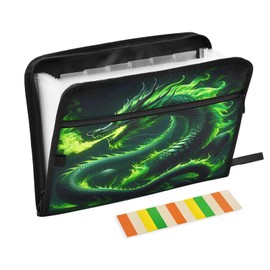 Green Fire Dragon File Organizer 13 Pocket Expanding File Folder with Front Pouch Portable Business Fire Storage Document Organizer Folder with Zipper