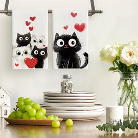 Artoid Mode Red Watercolor Love Black White Cats Kitchen Towels Dish Towels, 18x26 Inch bat Farmhouse Summer Decoration Hand Towels Set of 4