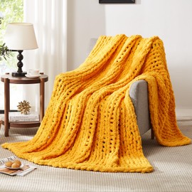 L'AGRATY - Manta de punto grueso, suave y gruesa, de 30 x 40: 100 % a mano, manta de ganchillo para sofá, manta grande de punto trenzado grueso para decoración del hogar (amarillo mostaza)