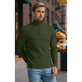 QIXING Men's Quarter Zip Jumper Cable Knit Mock Neck Waffle Pattern Sweater Soft Casual Pullover with Ribbed Edges (Army Green, S)