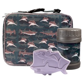 Kids Lunch Bag Set (Sharks) w Reusable Hard Ice Pack & Double-Insulated Food Jar for Drinks or Soups - Perfect Lunchbox Kits for Boys and Girls Back to School, Keeps Food Hot or Cold for Longer