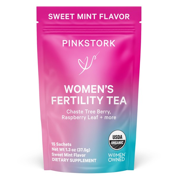 Pink Stork Fertility Tea for Conception and Hormone Balance with Organic Mint, Vitex, and Red Raspberry Leaf, Caffeine Free - Sweet Mint, 15 Sachets